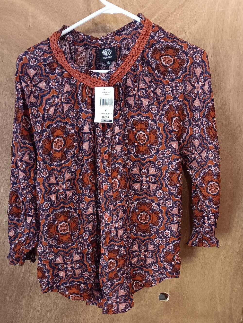 bobeau Rust and Navy Floral Button-Up Blouse